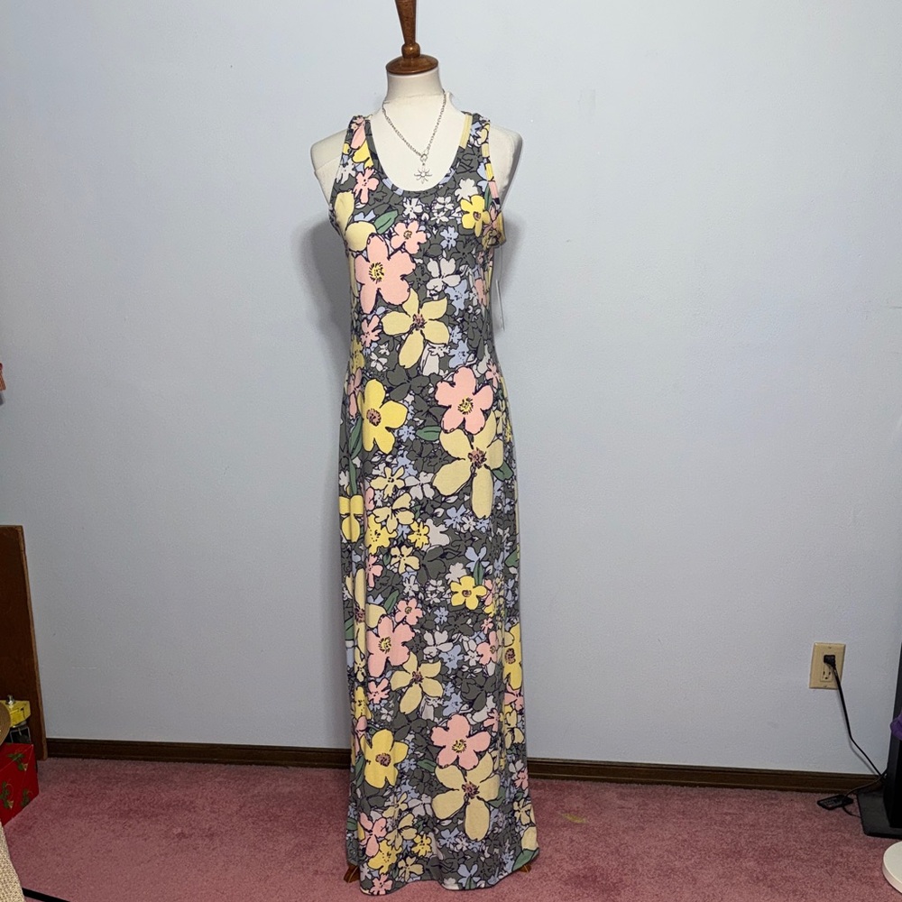 LuLaRoe Floral Tank Maxi Dress in Light Gray with Pink, and Yellow Blooms